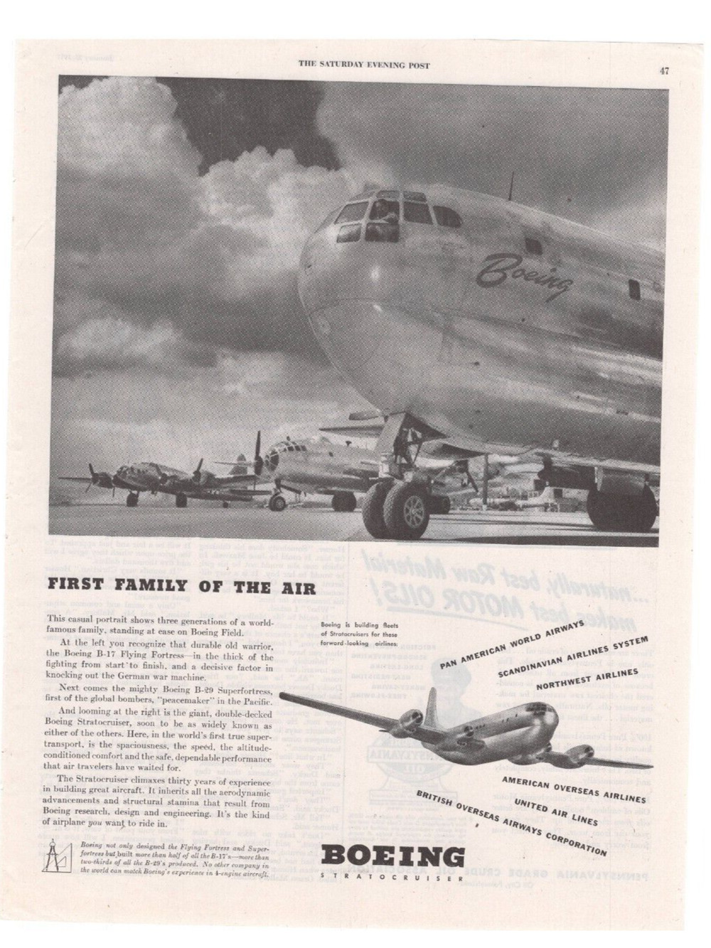 Vintage Original Boeing Stratocruiser Magazine Advertisement 1947 B&W Airplane